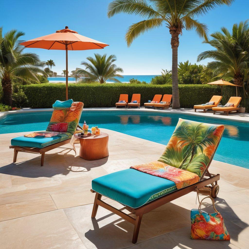 A sun-soaked poolside scene showcasing vibrant beachwear essentials, including colorful swimsuits, stylish cover-ups, and chic accessories laid out on a plush lounge chair. Palm trees sway in the background with a clear blue sky, and shimmering water reflects the sunny atmosphere. Include refreshing beverages and sunblock products artfully arranged around the pool. The composition should feel inviting and luxurious, perfect for trendsetting beachgoers. vibrant colors. super-realistic.